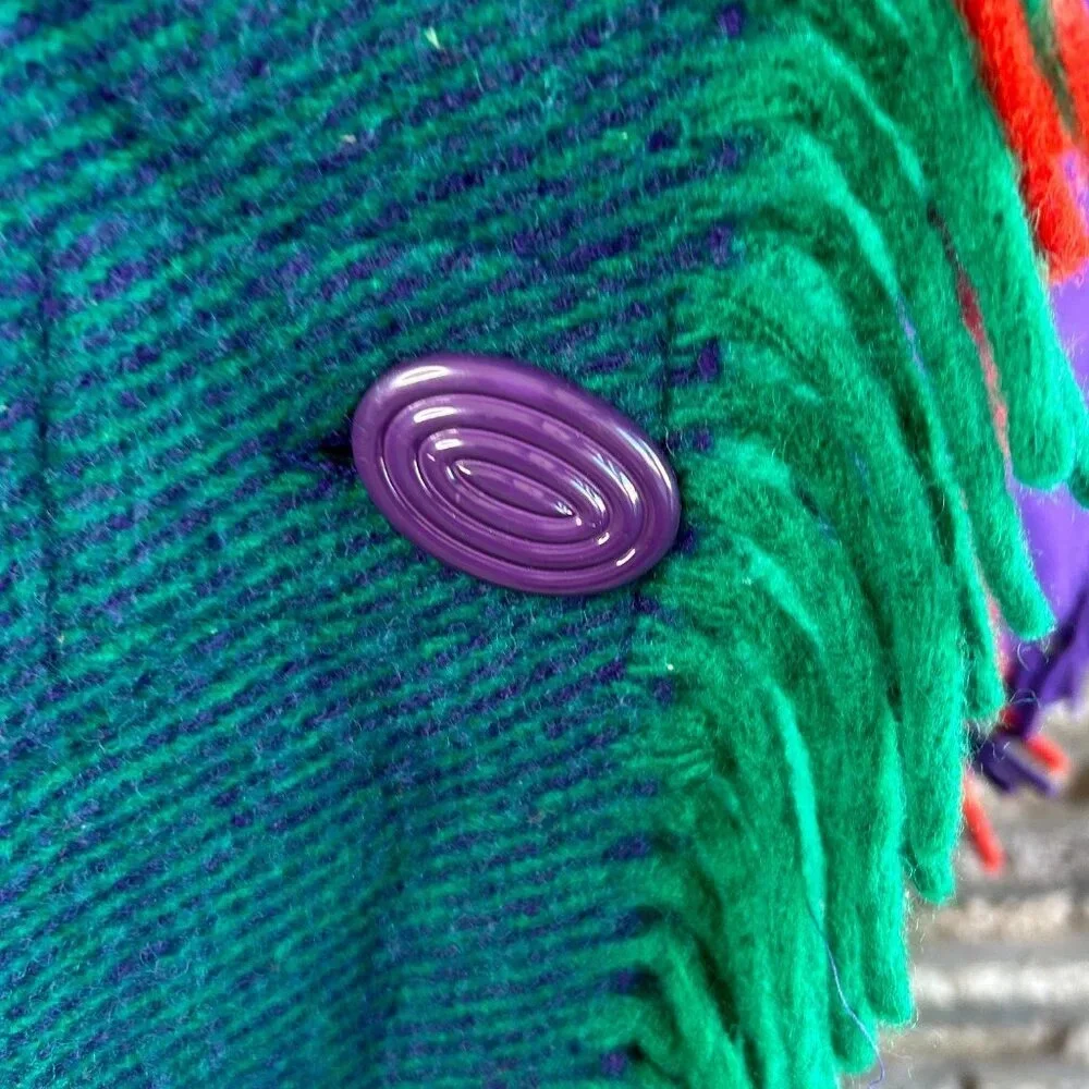Vintage 80s Gallery Colorblock Melton Wool Blanket Coat With Fringe Size XS